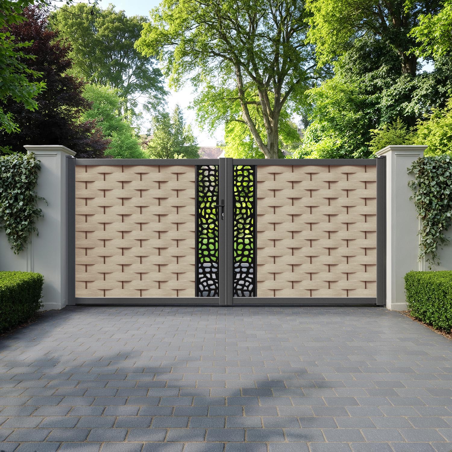 Ripple Pebble Straight Top Driveway Gate - Light Oak - Middle Screen