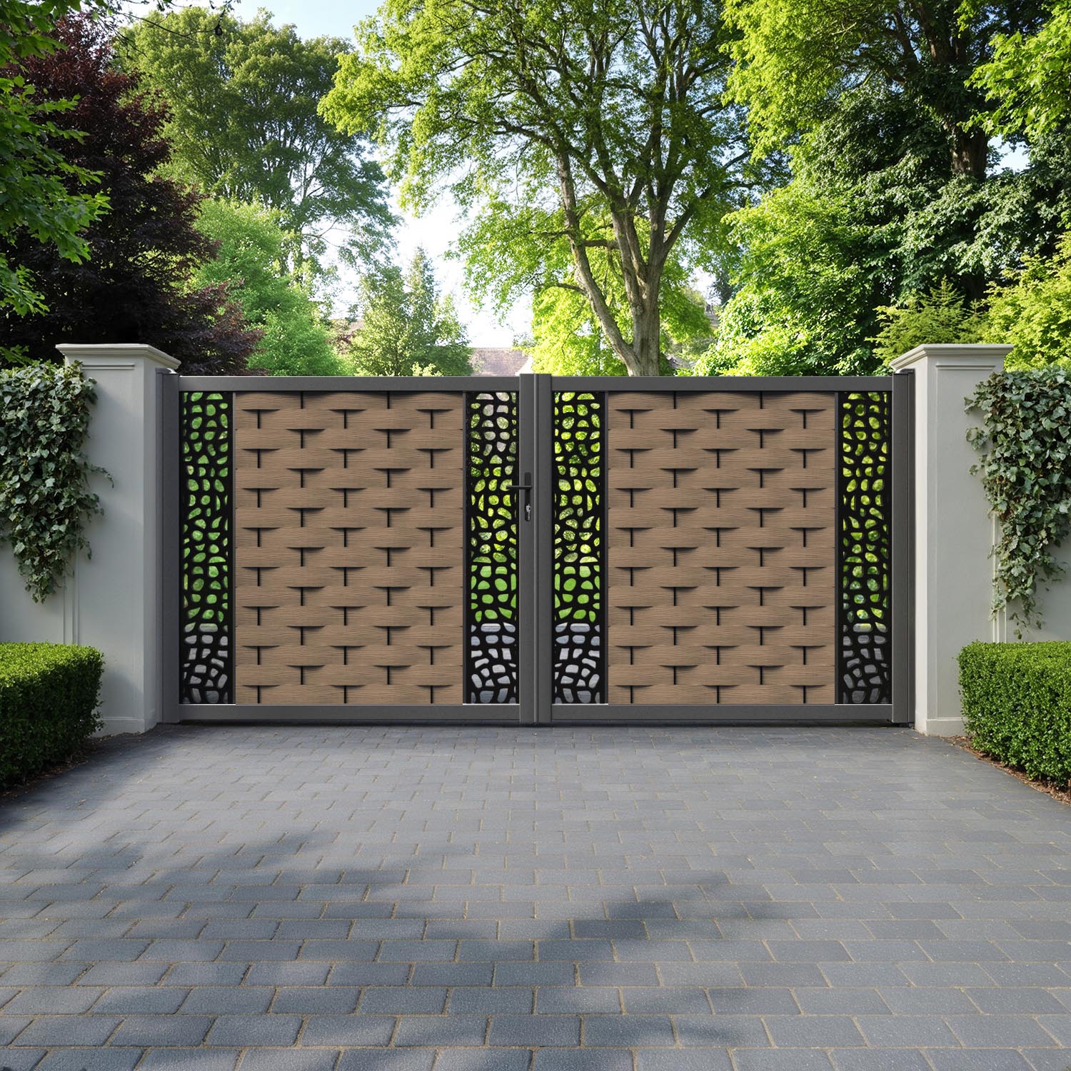 Ripple Pebble Straight Top Driveway Gate - Teak - Middle & End Screen