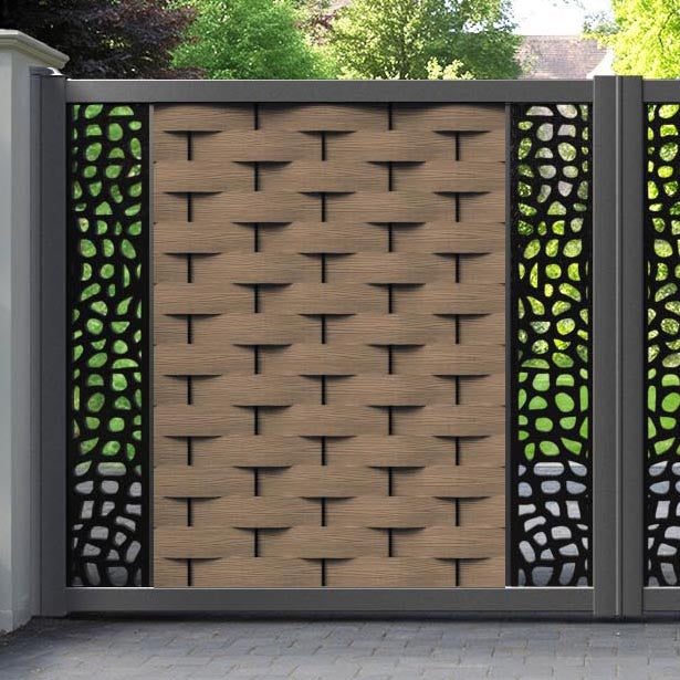 Ripple Pebble Straight Top Driveway Gate - Teak - Middle & End Screen