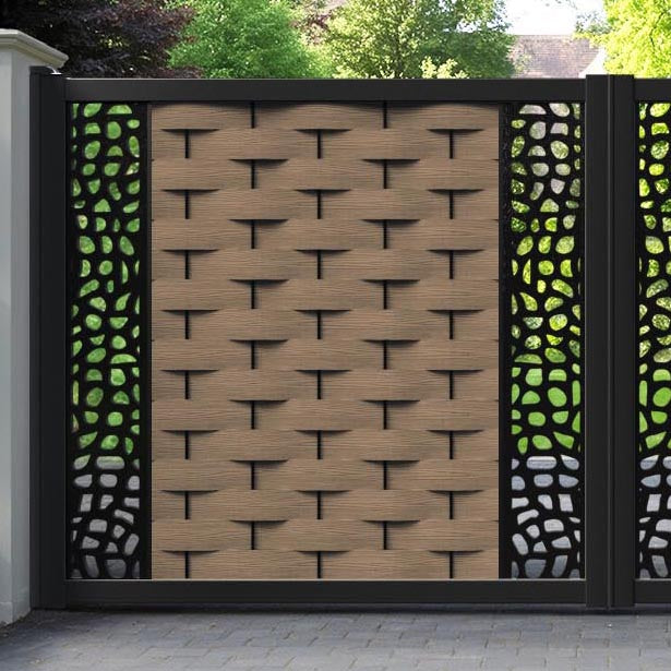 Ripple Pebble Straight Top Driveway Gate - Teak - Middle & End Screen