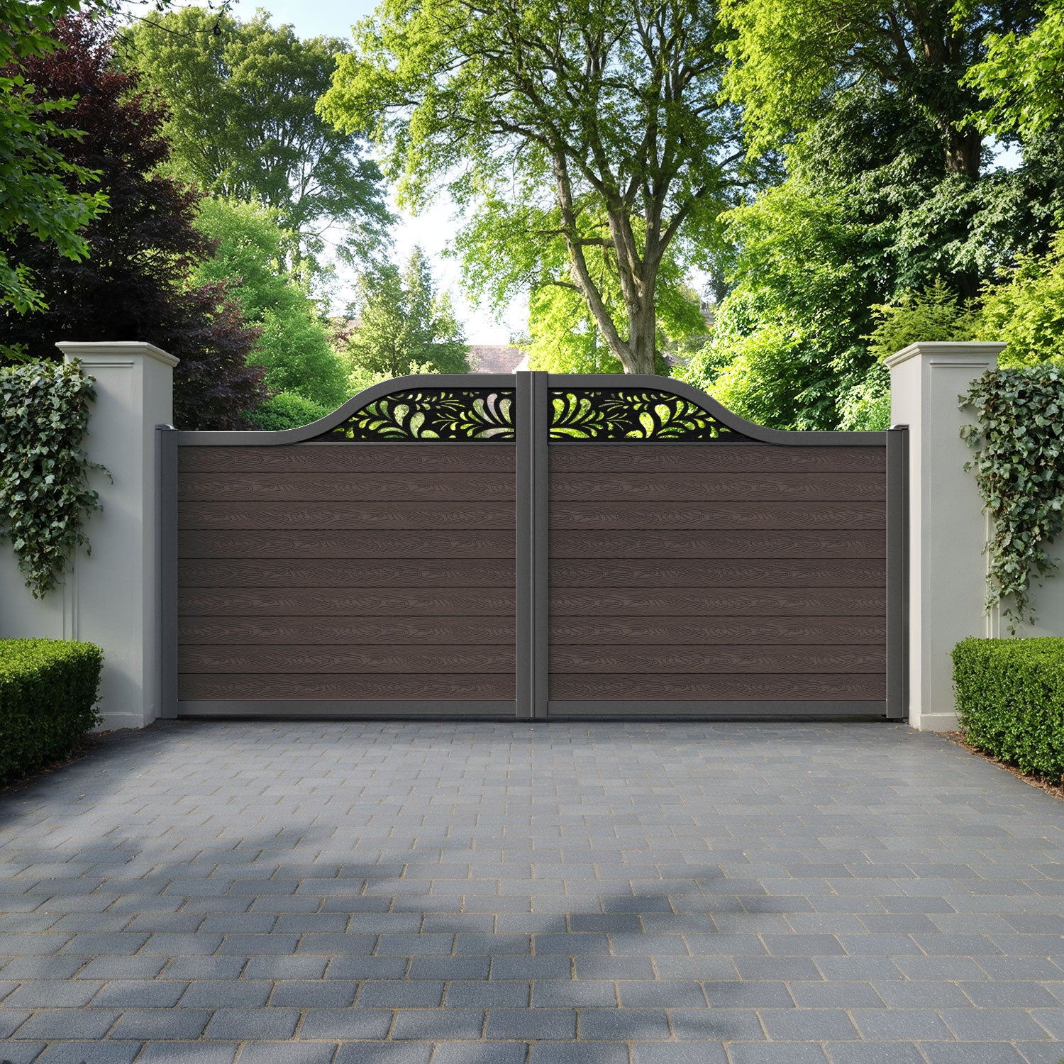Classic Petal Curved Top Driveway Gate - Mid Brown - Top Screen