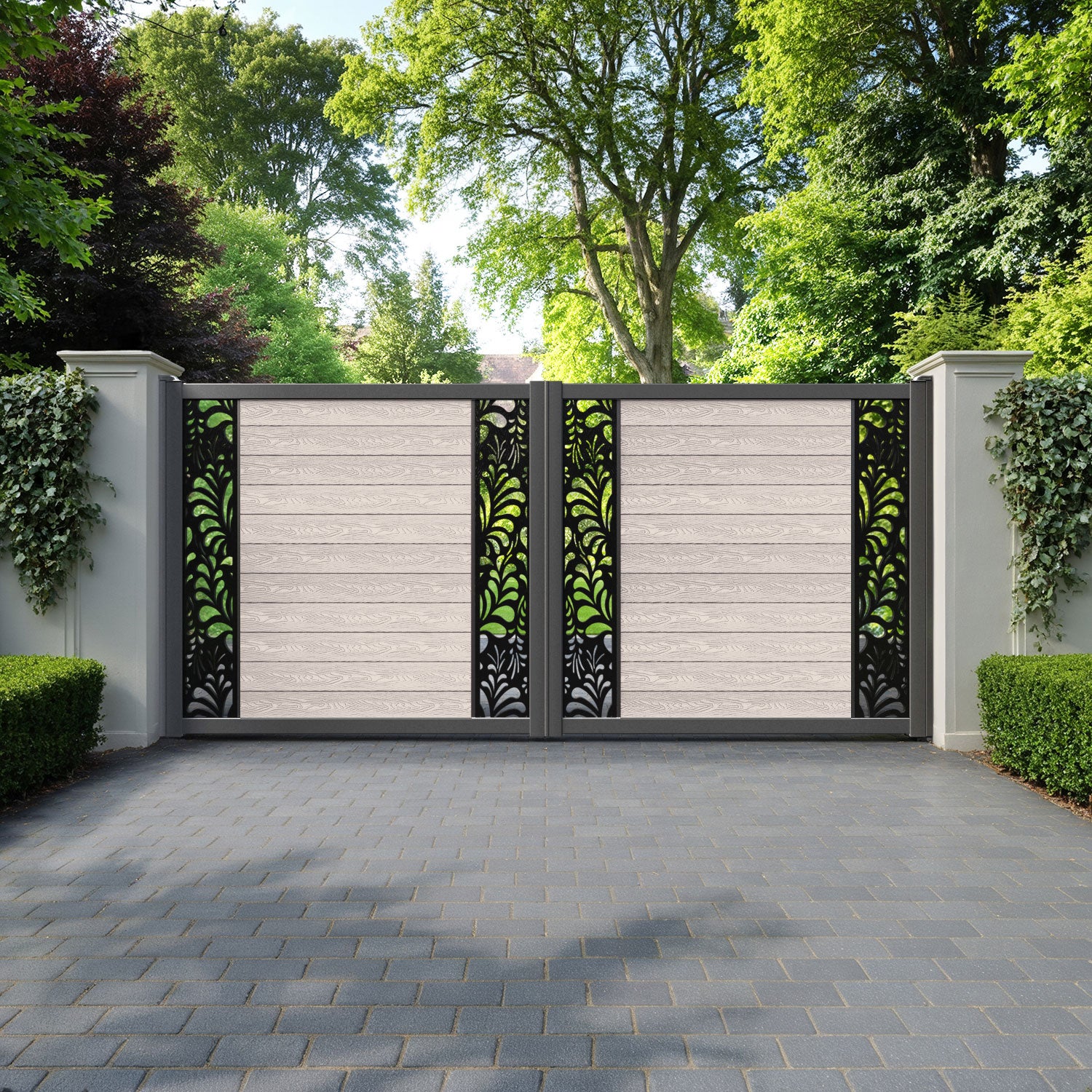 Classic Petal Straight Top Driveway Gate - Mid Stone - Middle & End Screen