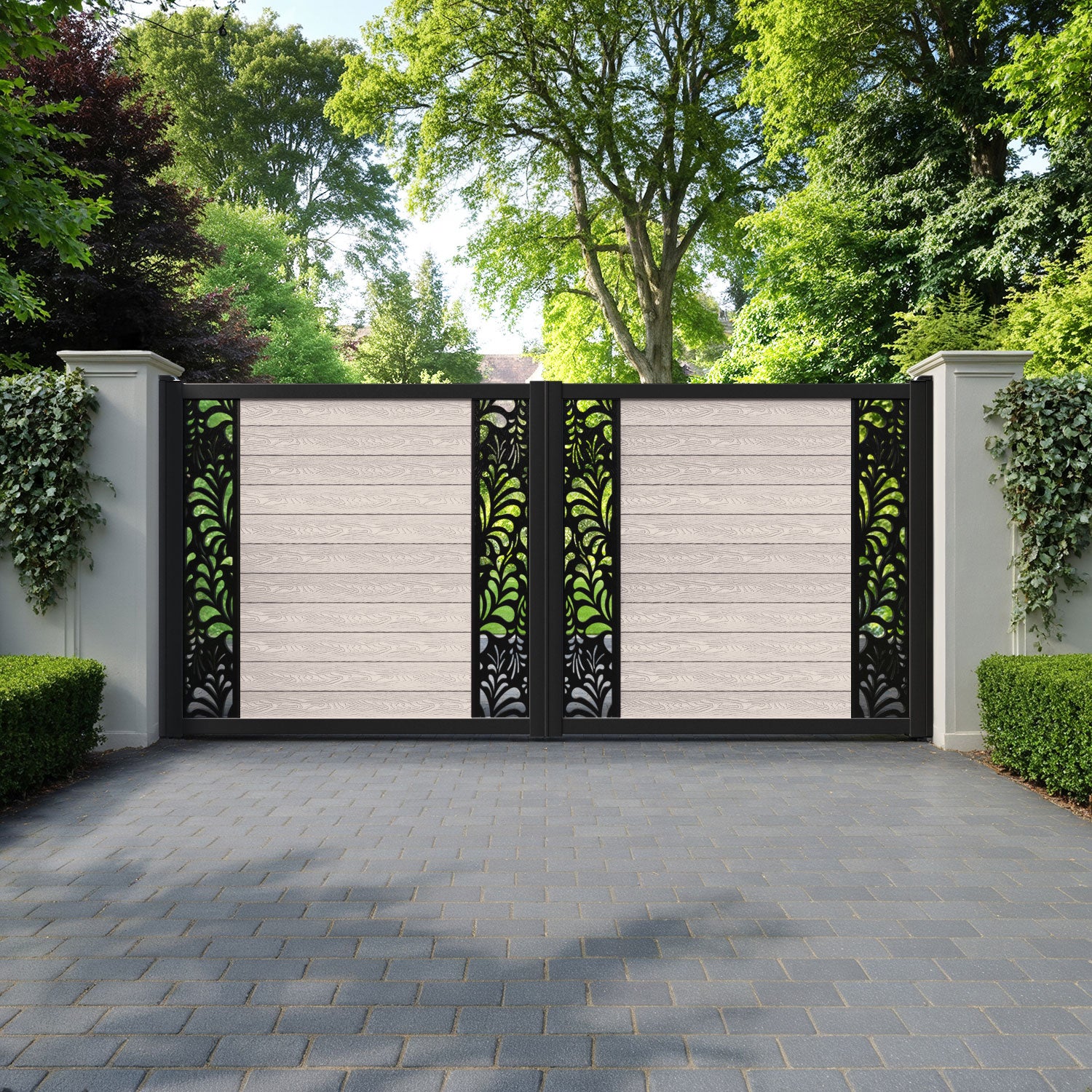 Classic Petal Straight Top Driveway Gate - Mid Stone - Middle & End Screen