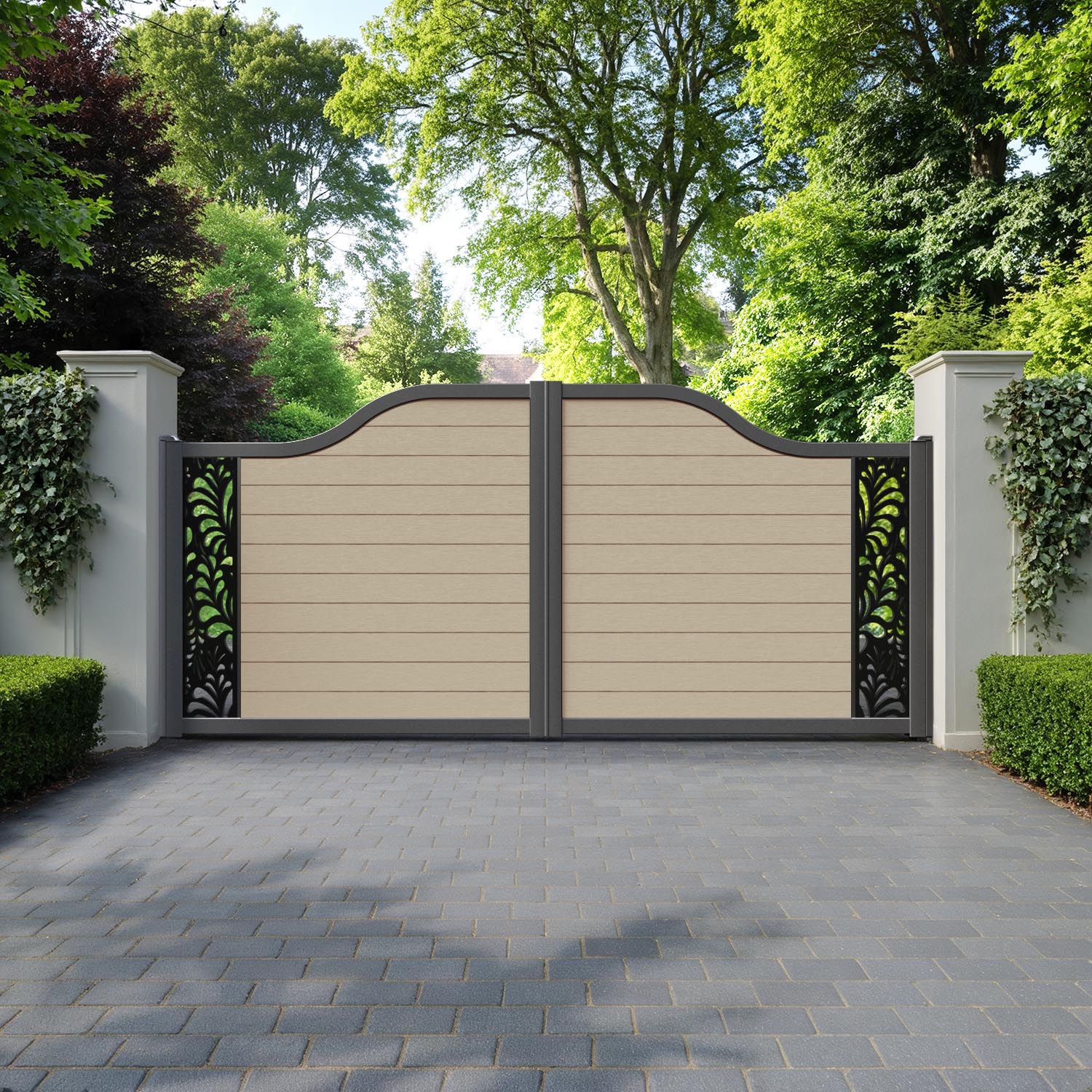 Fusion Petal Curved Top Driveway Gate - Light Oak - End Screen