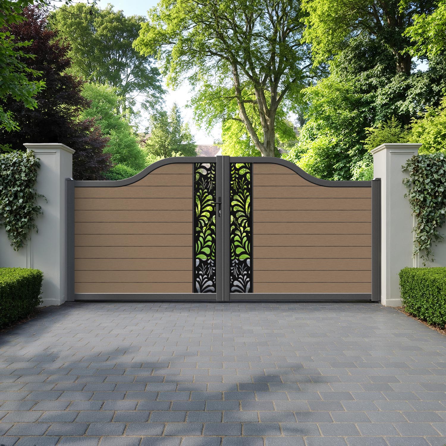Fusion Petal Curved Top Driveway Gate - Teak - Middle Screen