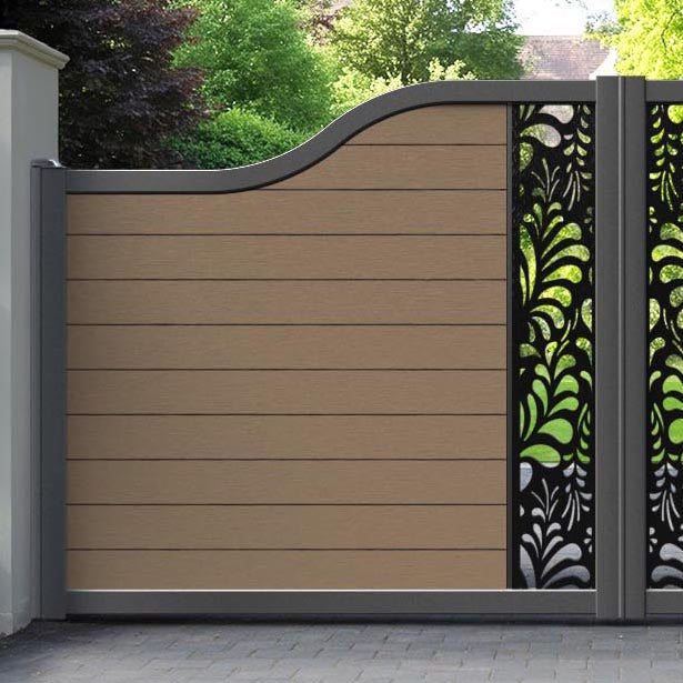 Fusion Petal Curved Top Driveway Gate - Teak - Middle Screen