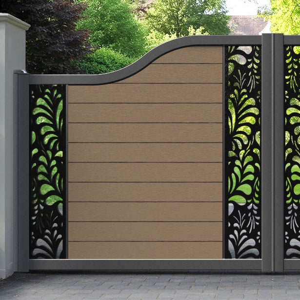 Fusion Petal Curved Top Driveway Gate - Teak - Middle & End Screen