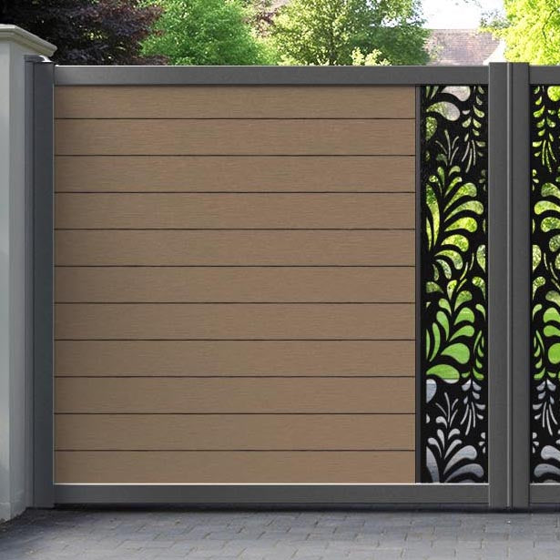 Fusion Petal Straight Top Driveway Gate - Teak - Middle Screen