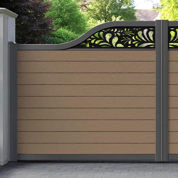 Fusion Petal Curved Top Driveway Gate - Teak - Top Screen