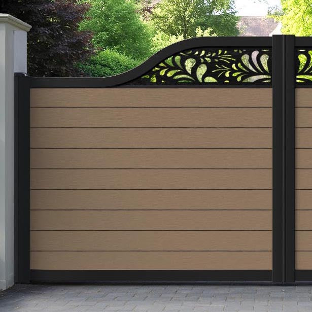 Fusion Petal Curved Top Driveway Gate - Teak - Top Screen