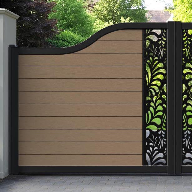 Fusion Petal Curved Top Driveway Gate - Teak - Middle Screen