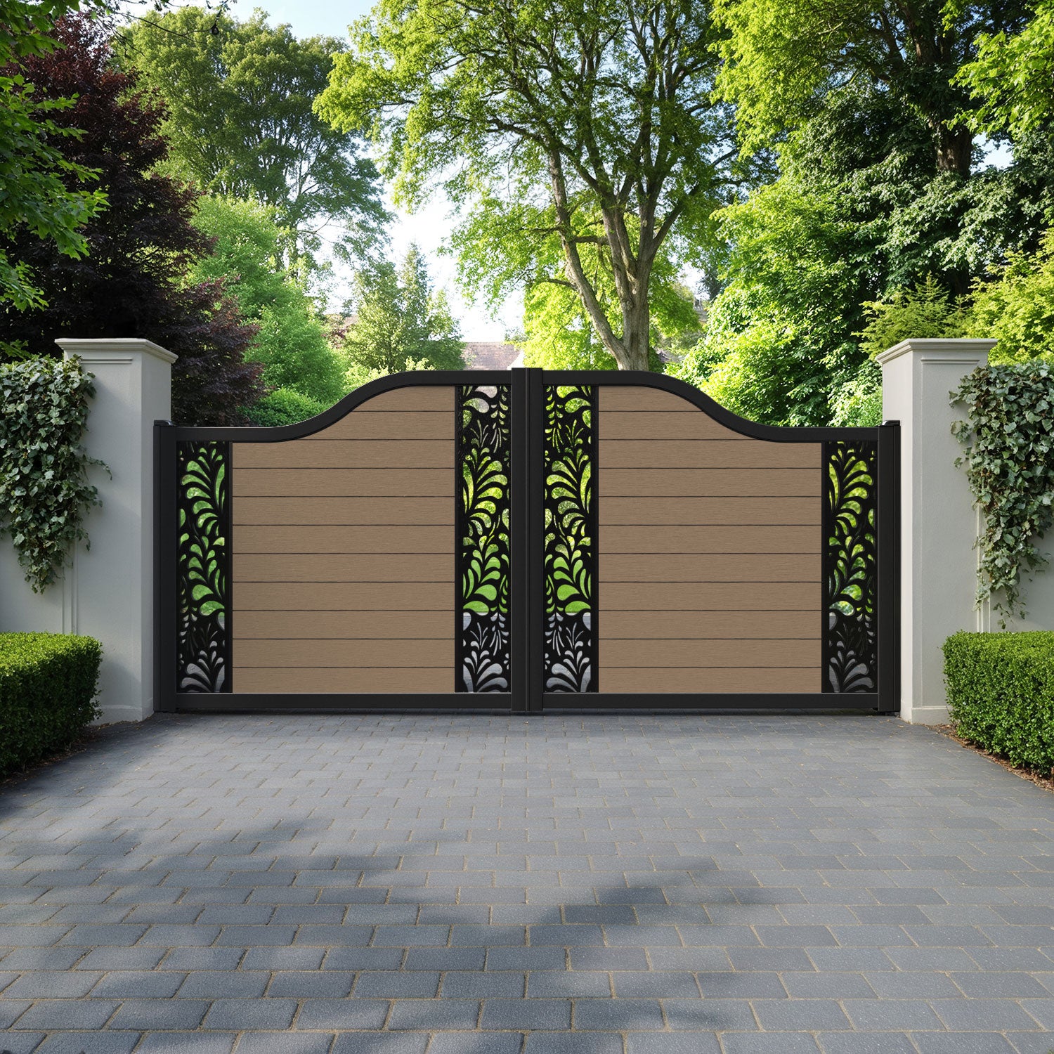 Fusion Petal Curved Top Driveway Gate - Teak - Middle & End Screen