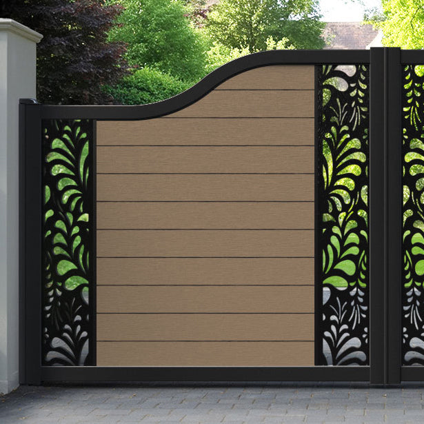 Fusion Petal Curved Top Driveway Gate - Teak - Middle & End Screen