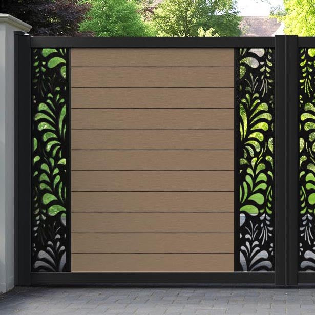 Fusion Petal Straight Top Driveway Gate - Teak - Middle & End Screen