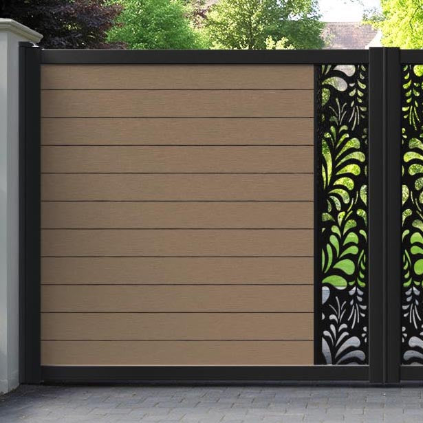 Fusion Petal Straight Top Driveway Gate - Teak - Middle Screen