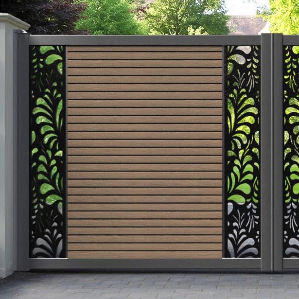 Hudson Petal Straight Top Driveway Gate - Teak - Middle & End Screen