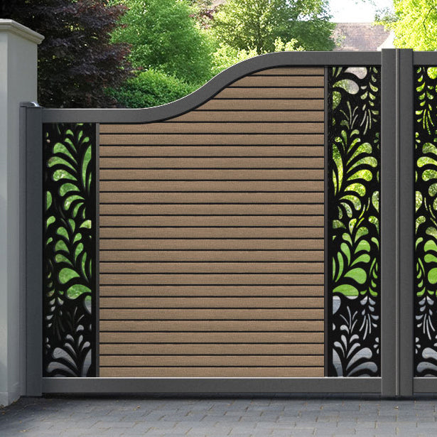 Hudson Petal Curved Top Driveway Gate - Teak - Middle & End Screen