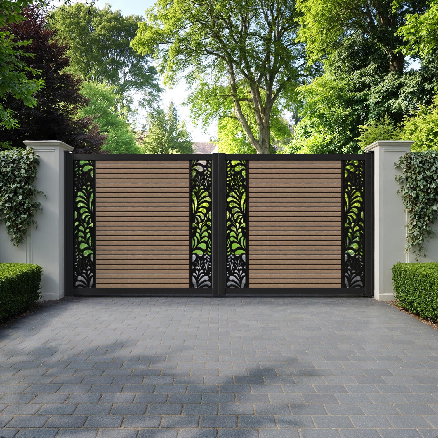 Hudson Petal Straight Top Driveway Gate - Teak - Middle & End Screen