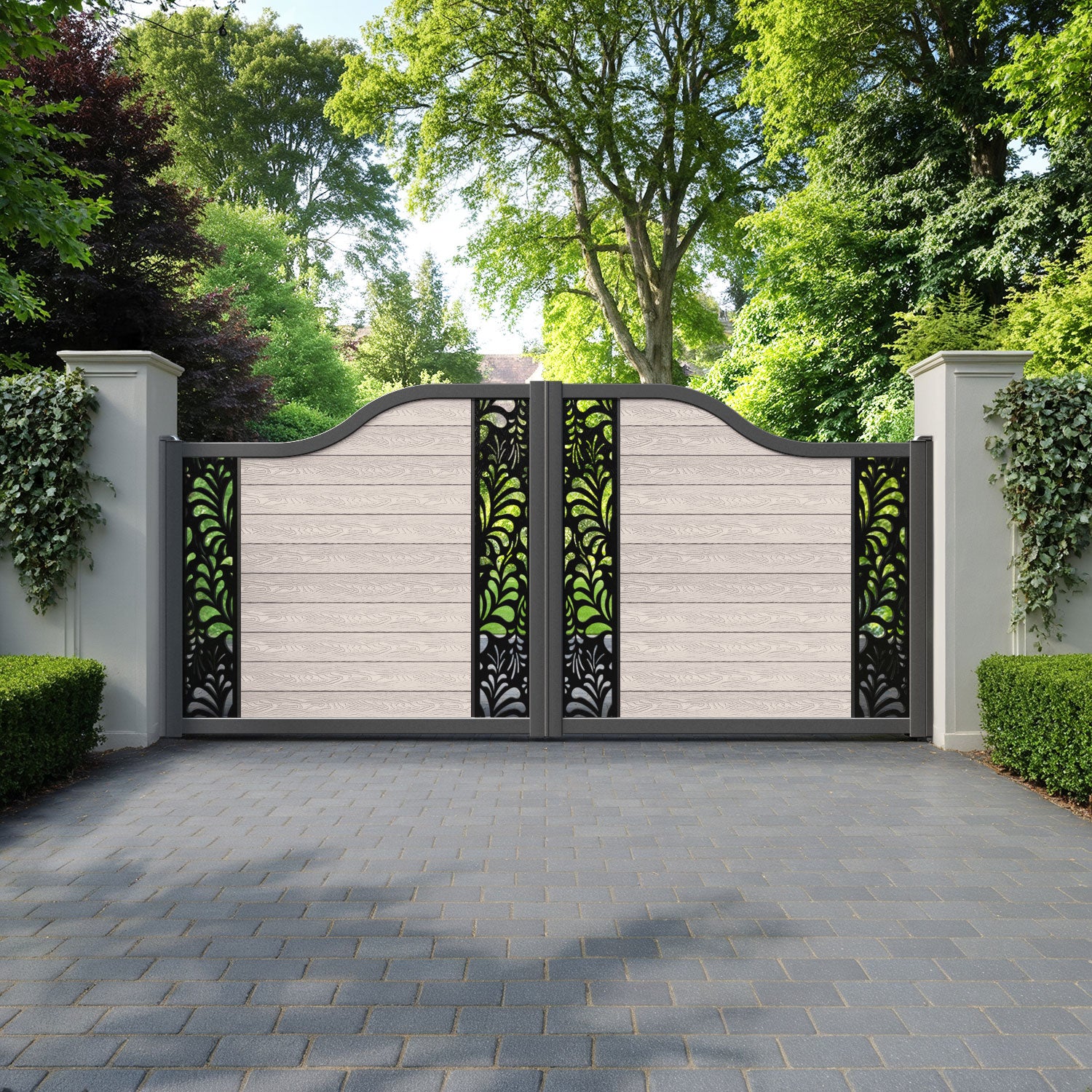 Classic Petal Curved Top Driveway Gate - Mid Stone - Middle & End Screen