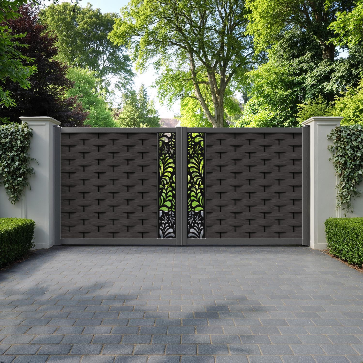 Ripple Petal Straight Top Driveway Gate - Dark Oak - Middle Screen