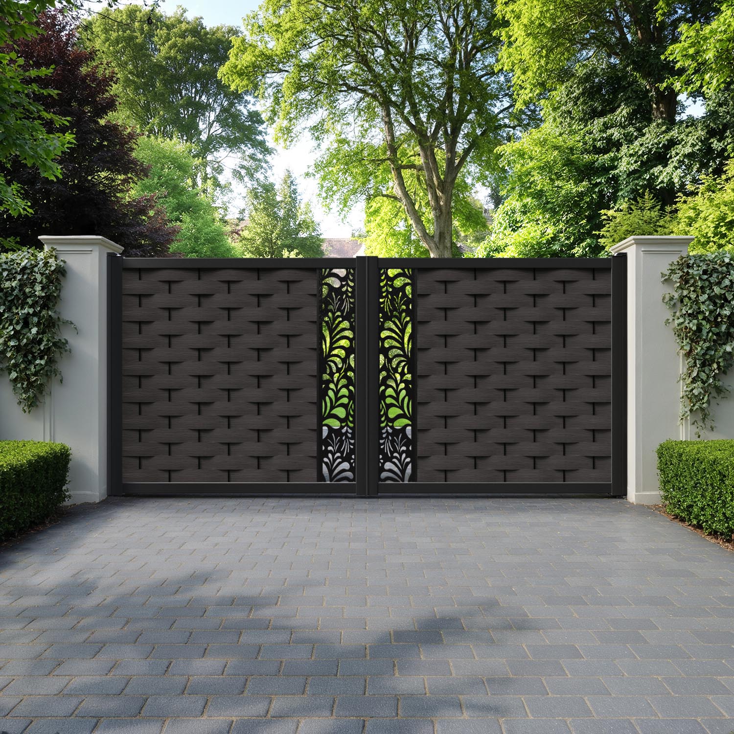 Ripple Petal Straight Top Driveway Gate - Dark Oak - Middle Screen