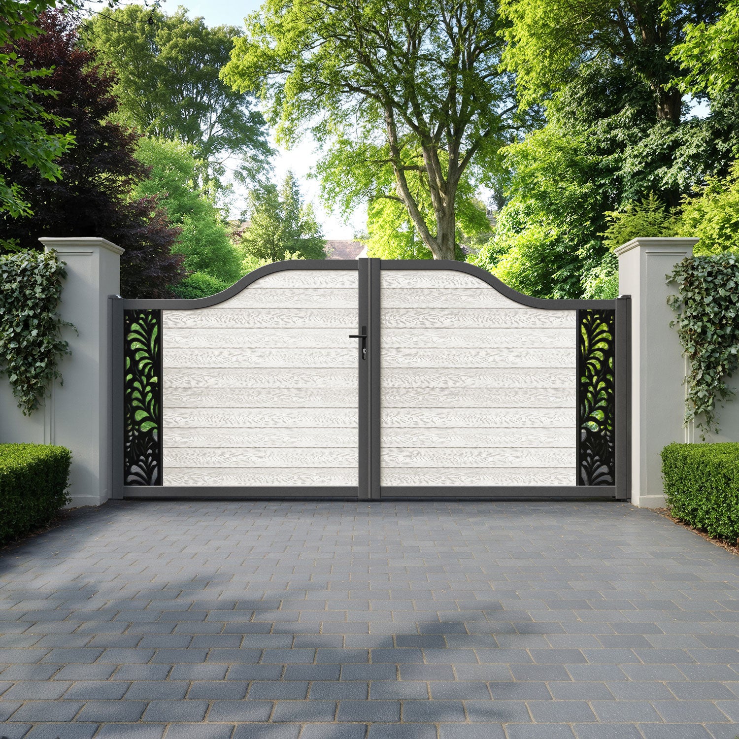 Classic Petal Curved Top Driveway Gate - Light Stone - End Screen