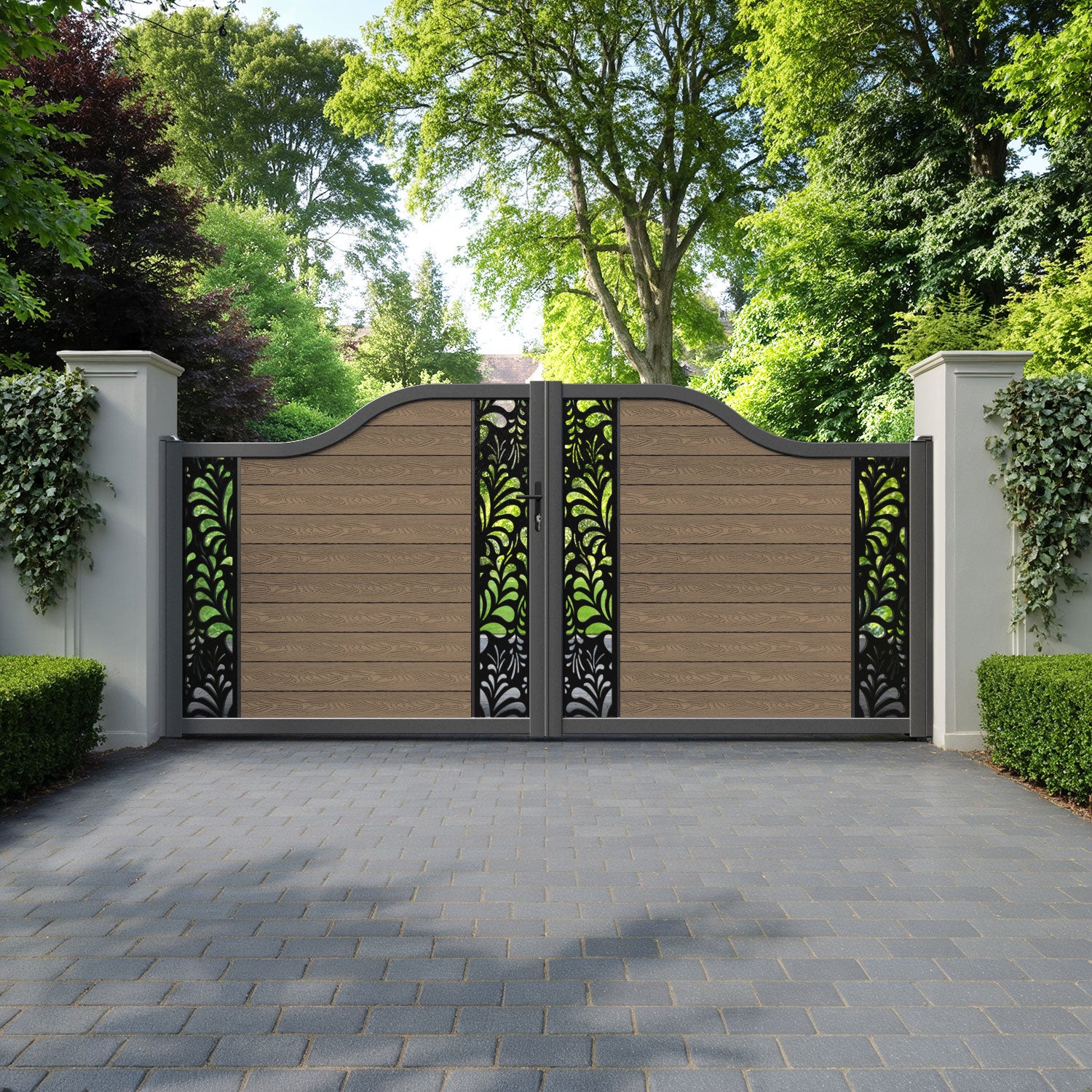 Classic Petal Curved Top Driveway Gate - Teak - Middle & End Screen