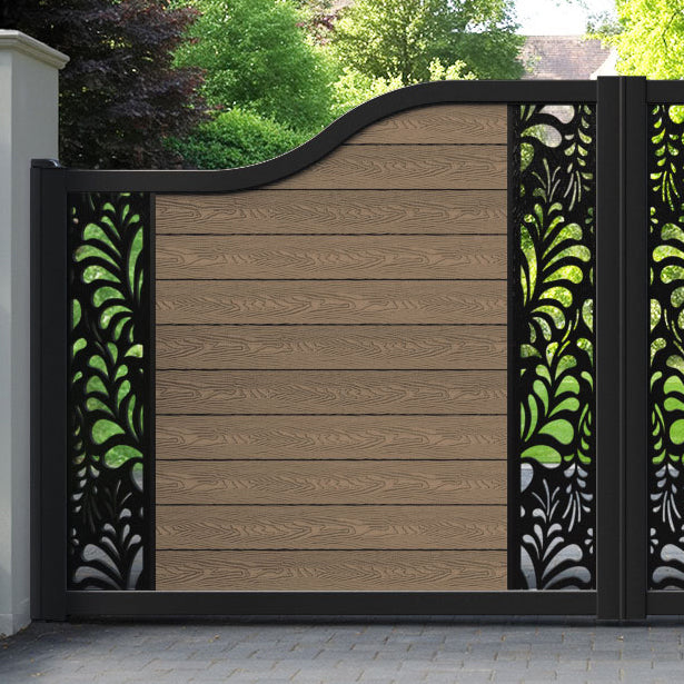 Classic Petal Curved Top Driveway Gate - Teak - Middle & End Screen