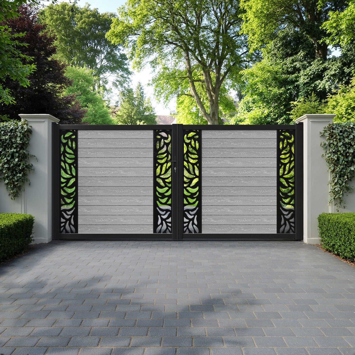 Classic Plume Straight Top Driveway Gate - Light Grey - Middle & End Screen
