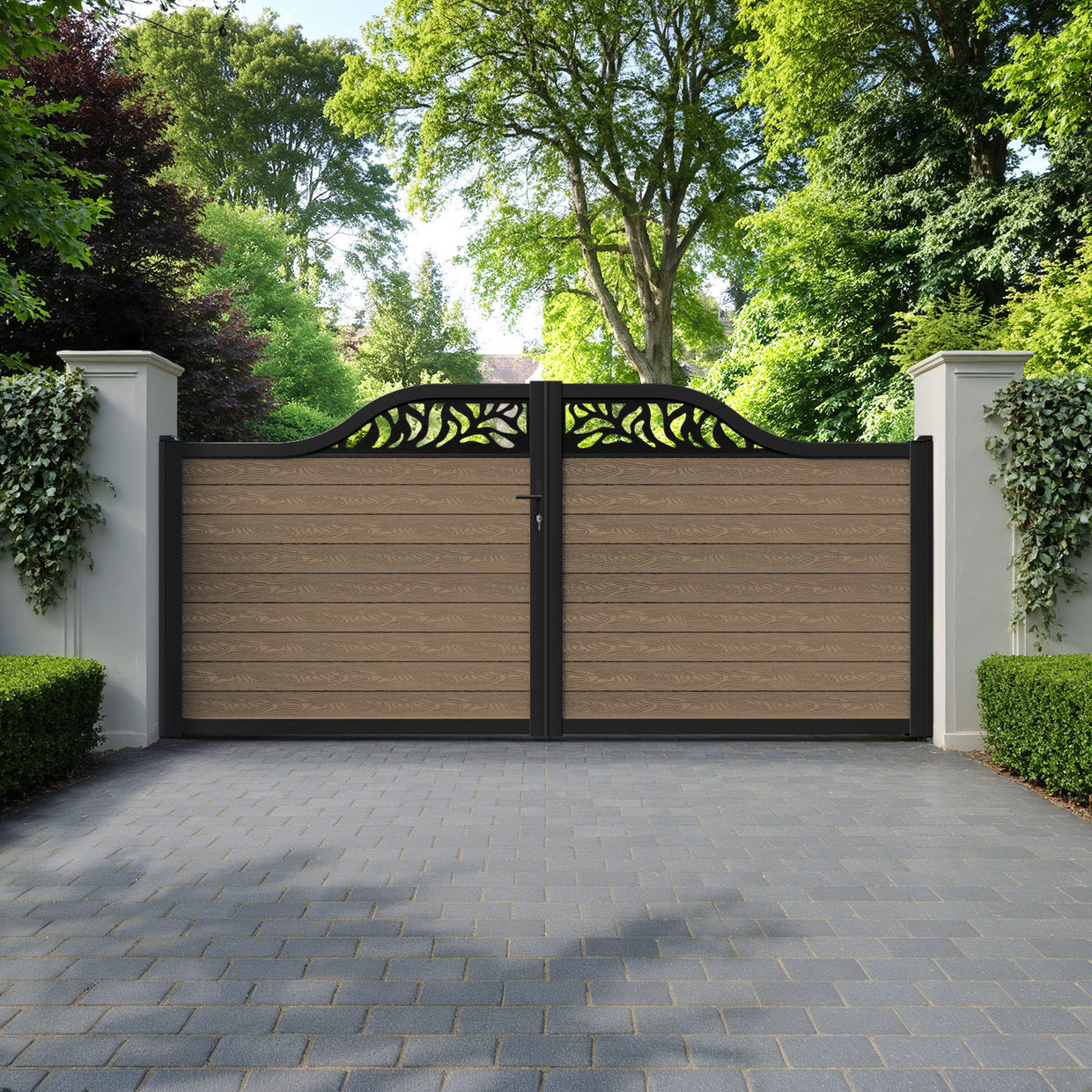 Classic Plume Curved Top Driveway Gate Teak Top Screen