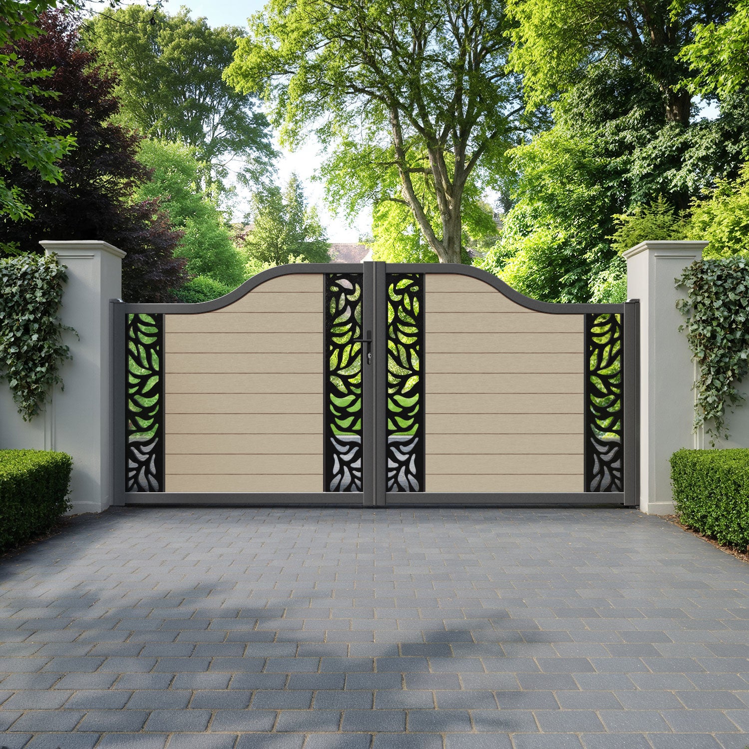 Fusion Plume Curved Top Driveway Gate - Light Oak - Middle & End Screen