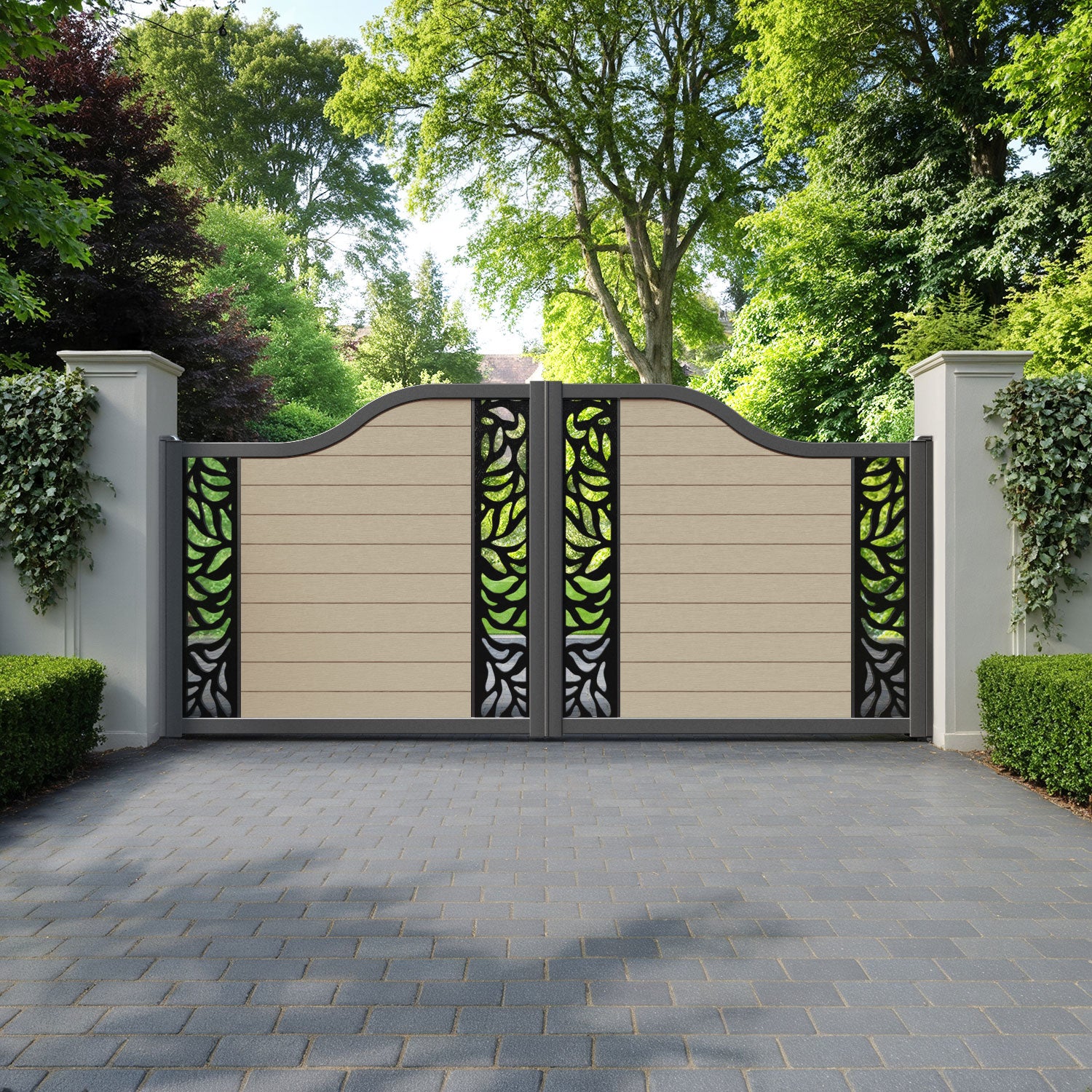 Fusion Plume Curved Top Driveway Gate - Light Oak - Middle & End Screen