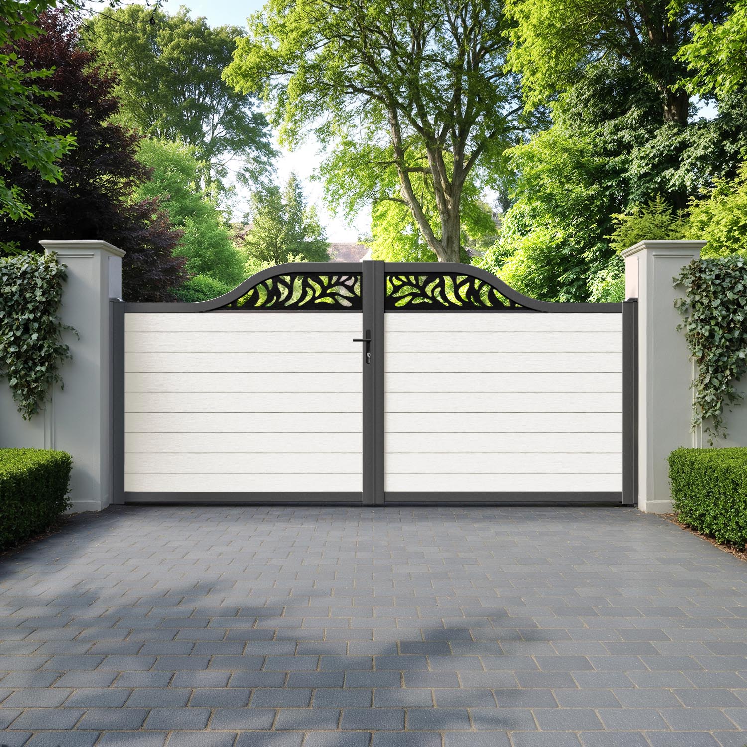 Fusion Plume Curved Top Driveway Gate - Light Stone - Top Screen