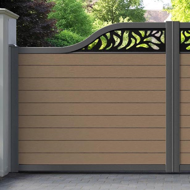 Fusion Plume Curved Top Driveway Gate - Teak - Top Screen