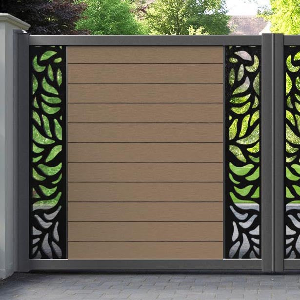 Fusion Plume Straight Top Driveway Gate - Teak - Middle & End Screen