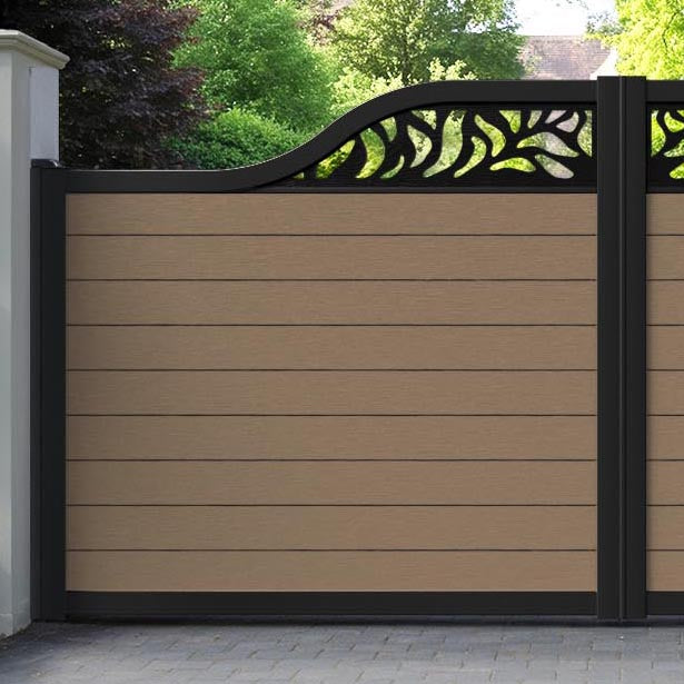 Fusion Plume Curved Top Driveway Gate - Teak - Top Screen