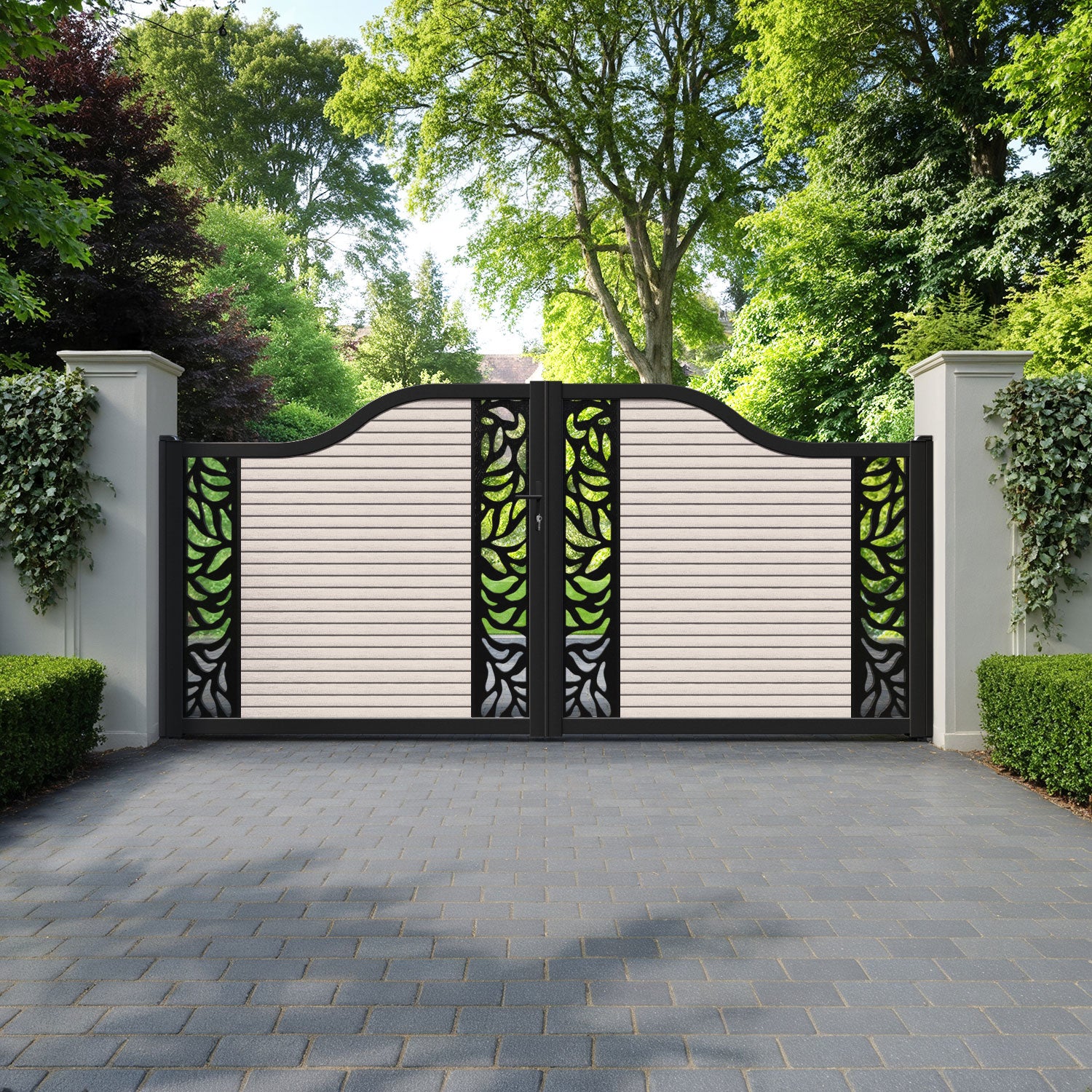 Hudson Plume Curved Top Driveway Gate - Mid Stone - Middle & End Screen