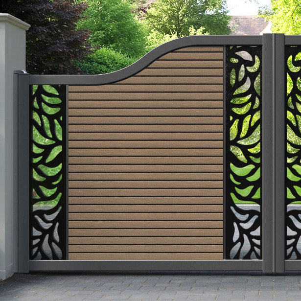 Hudson Plume Curved Top Driveway Gate - Teak - Middle & End Screen
