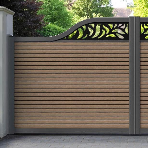 Hudson Plume Curved Top Driveway Gate - Teak - Top Screen