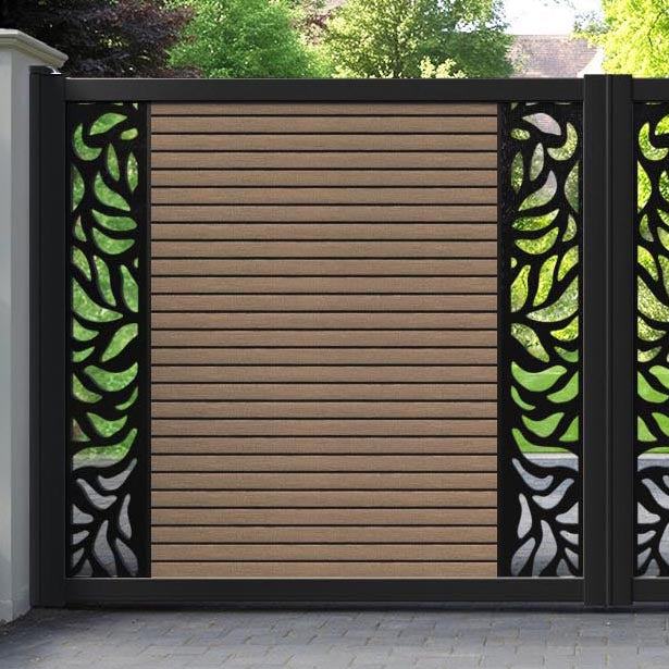 Hudson Plume Straight Top Driveway Gate - Teak - Middle & End Screen