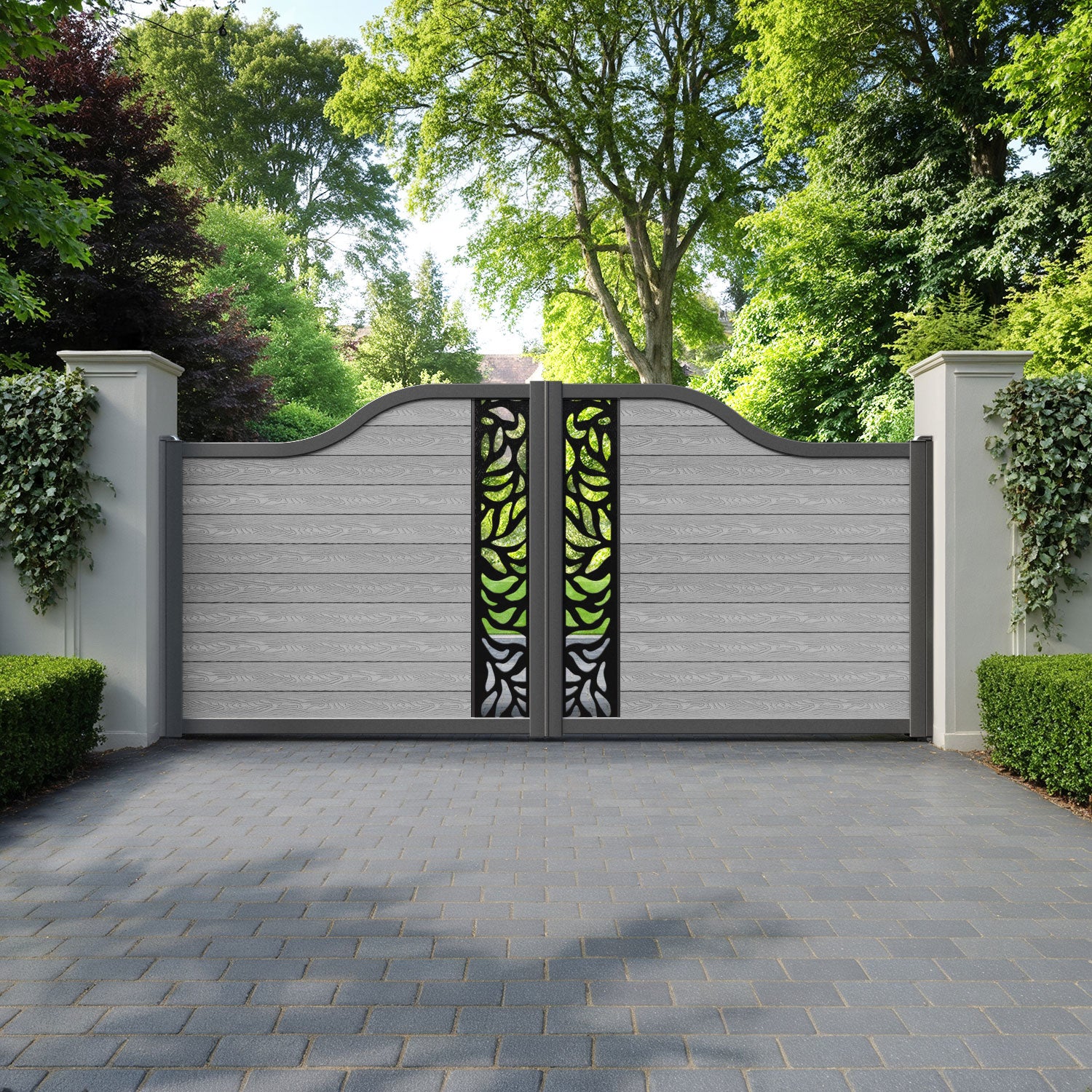 Classic Plume Curved Top Driveway Gate - Light Grey - Middle Screen