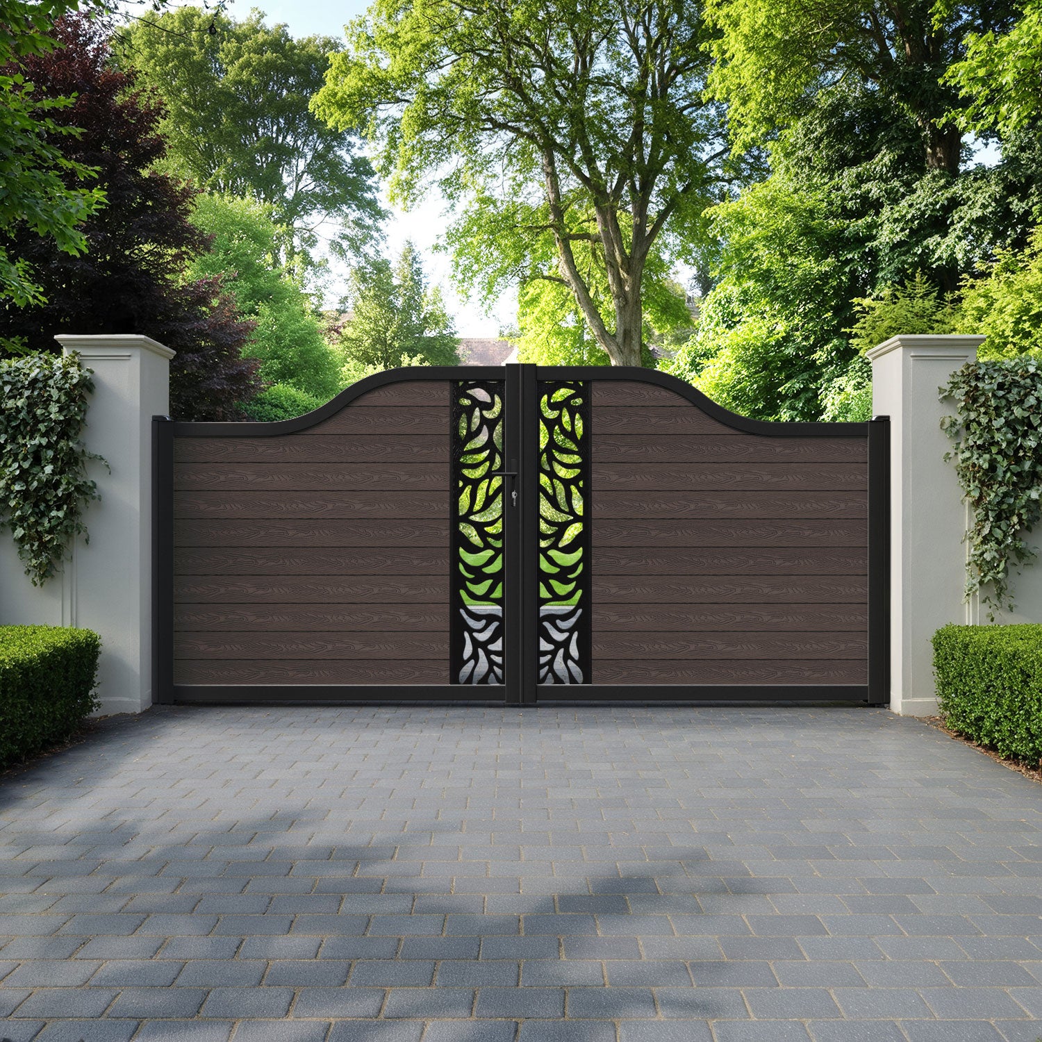 Classic Plume Curved Top Driveway Gate - Mid Brown - Middle Screen
