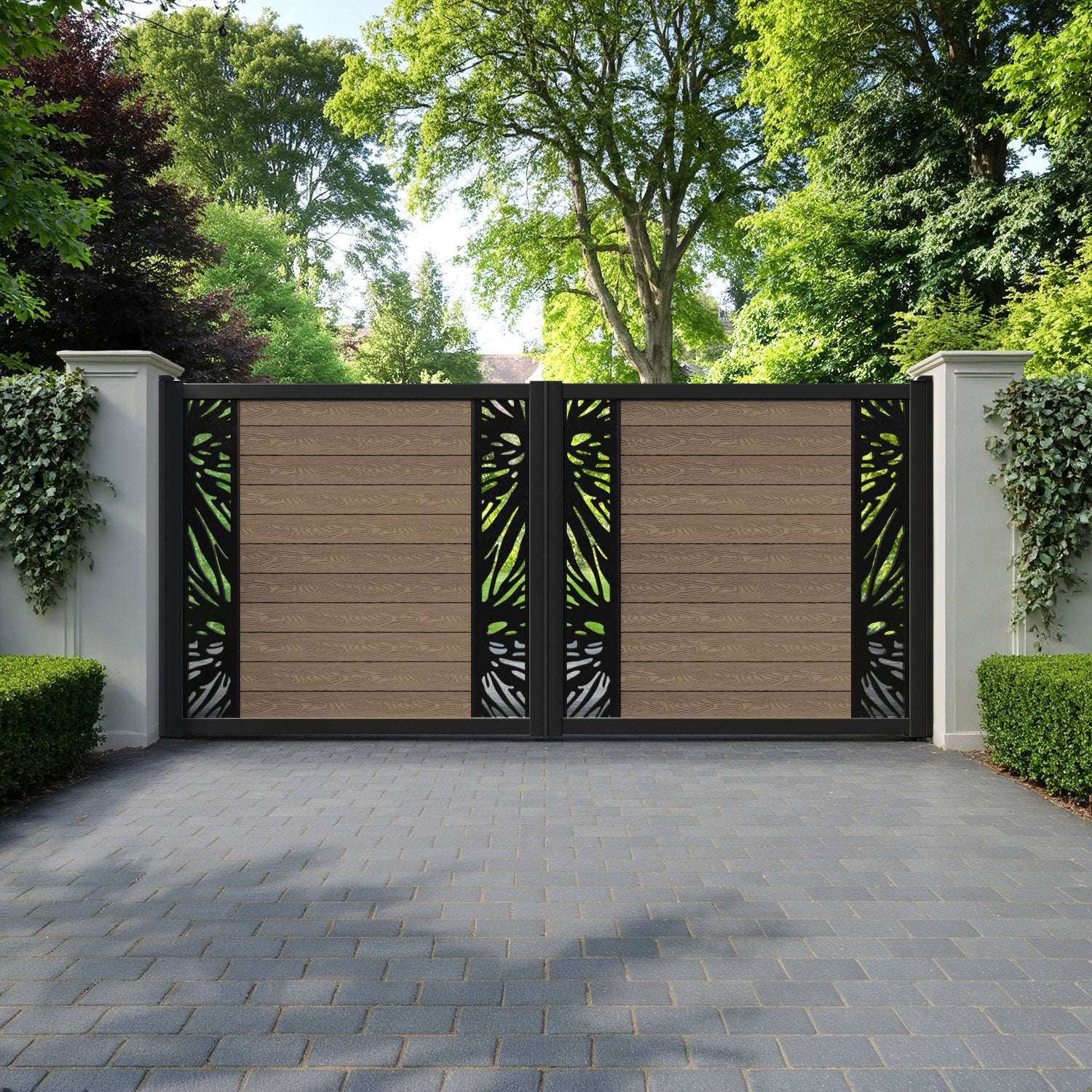 Classic Poppy Straight Top Driveway Gate - Teak - Middle & End Screen