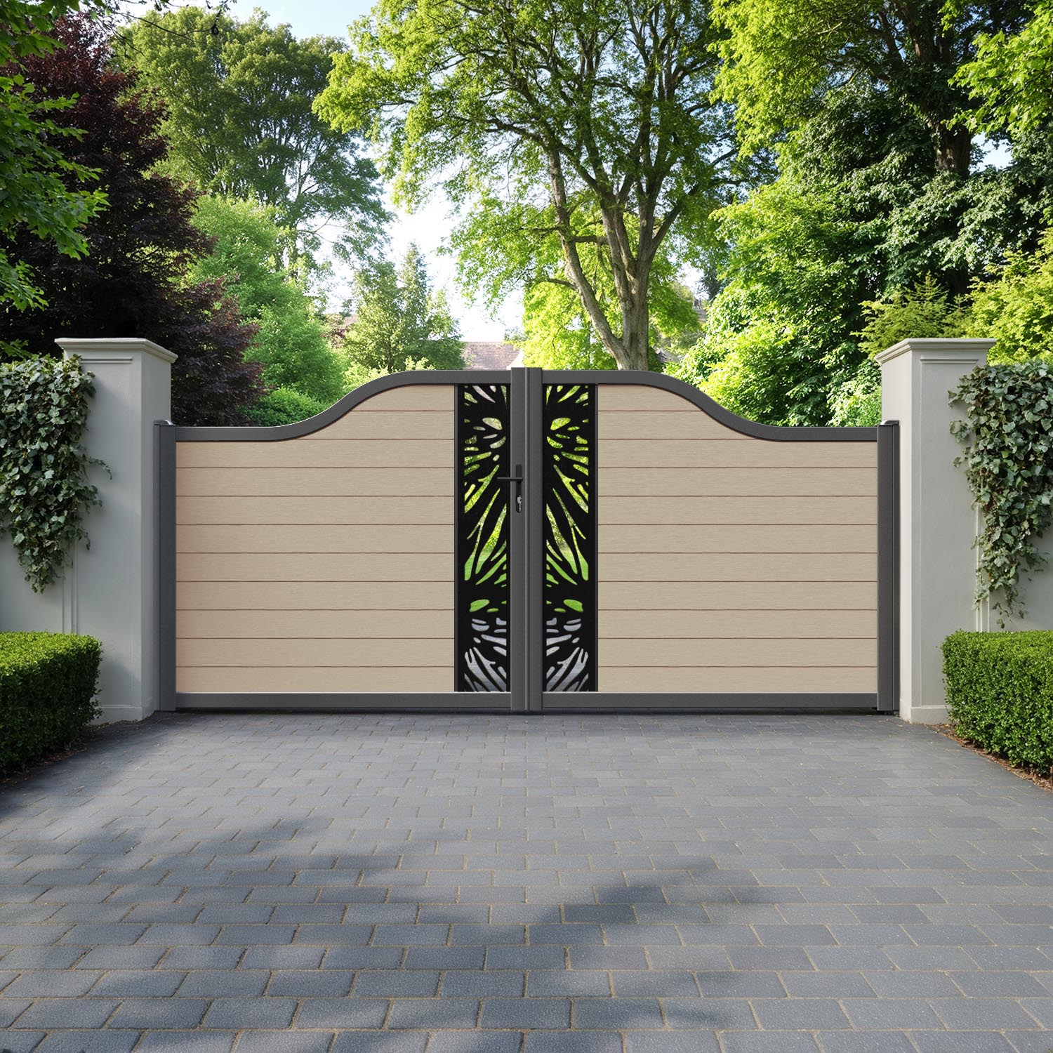 Fusion Poppy Curved Top Driveway Gate - Light Oak - Middle Screen
