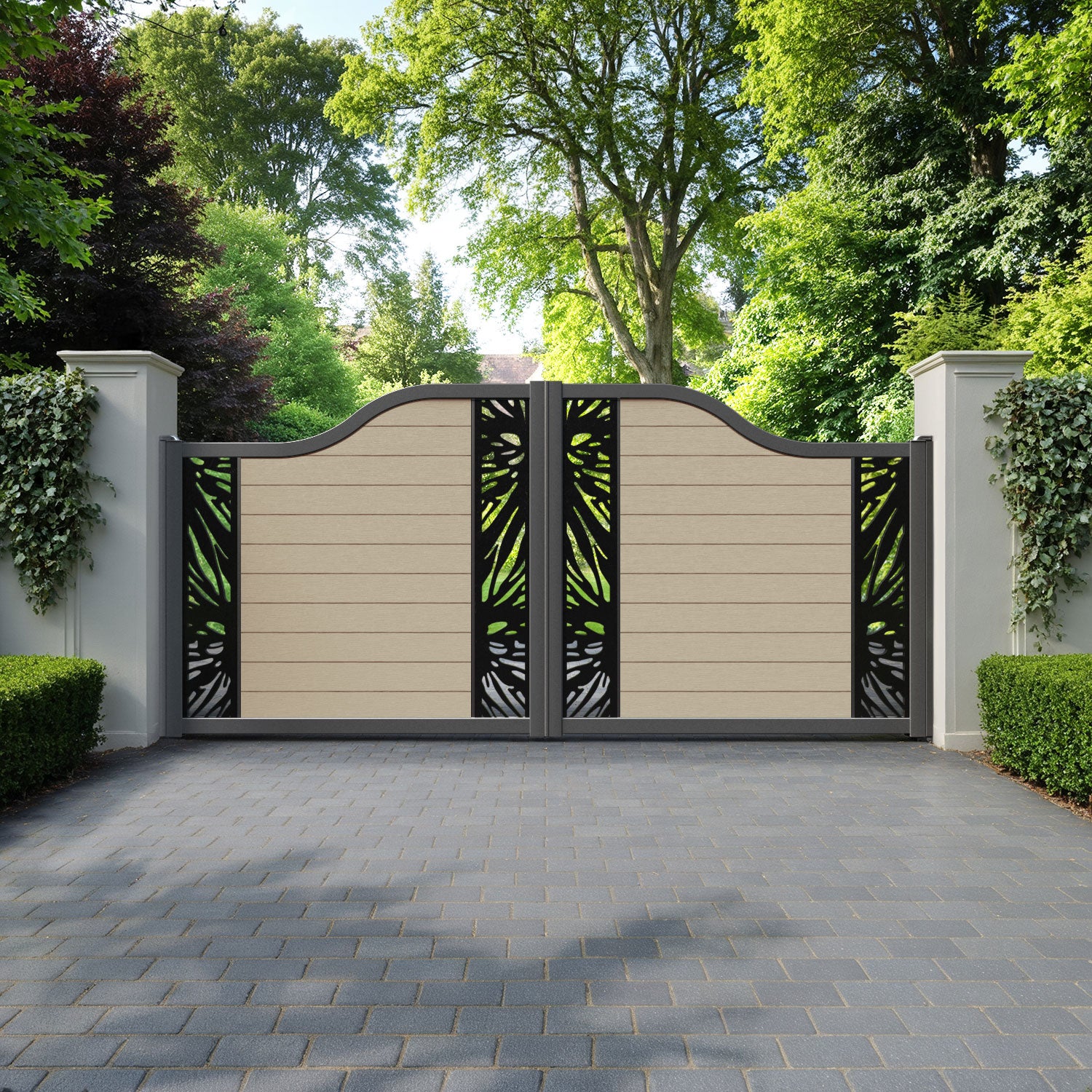 Fusion Poppy Curved Top Driveway Gate - Light Oak - Middle & End Screen