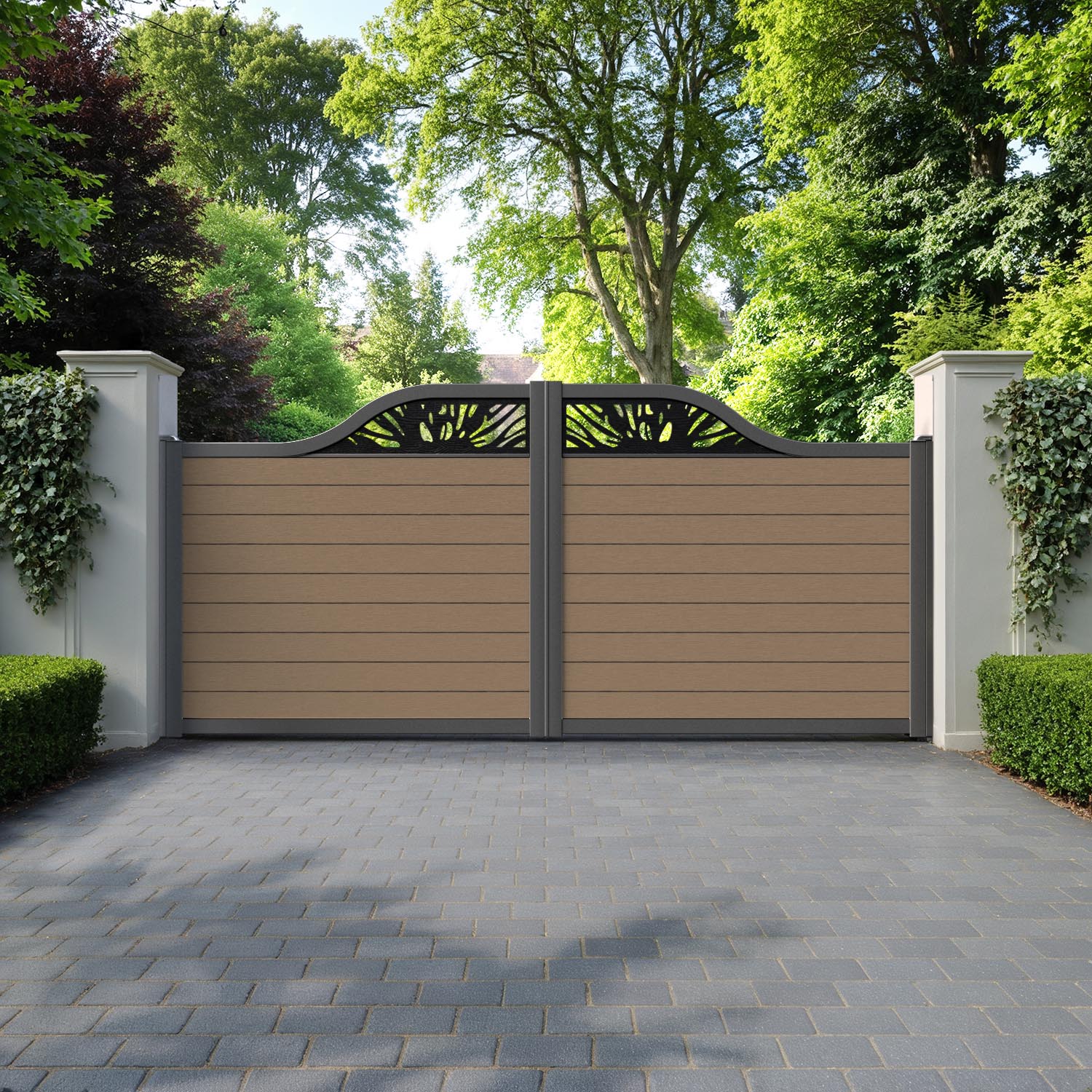 Fusion Poppy Curved Top Driveway Gate - Teak - Top Screen
