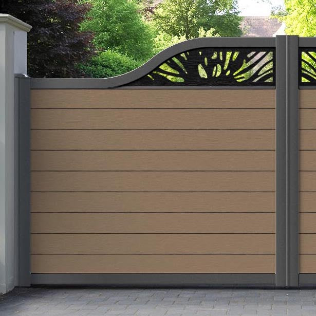 Fusion Poppy Curved Top Driveway Gate - Teak - Top Screen