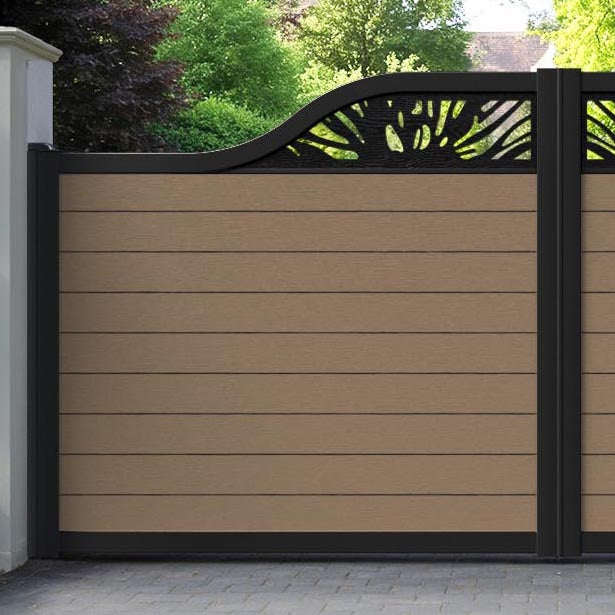 Fusion Poppy Curved Top Driveway Gate - Teak - Top Screen
