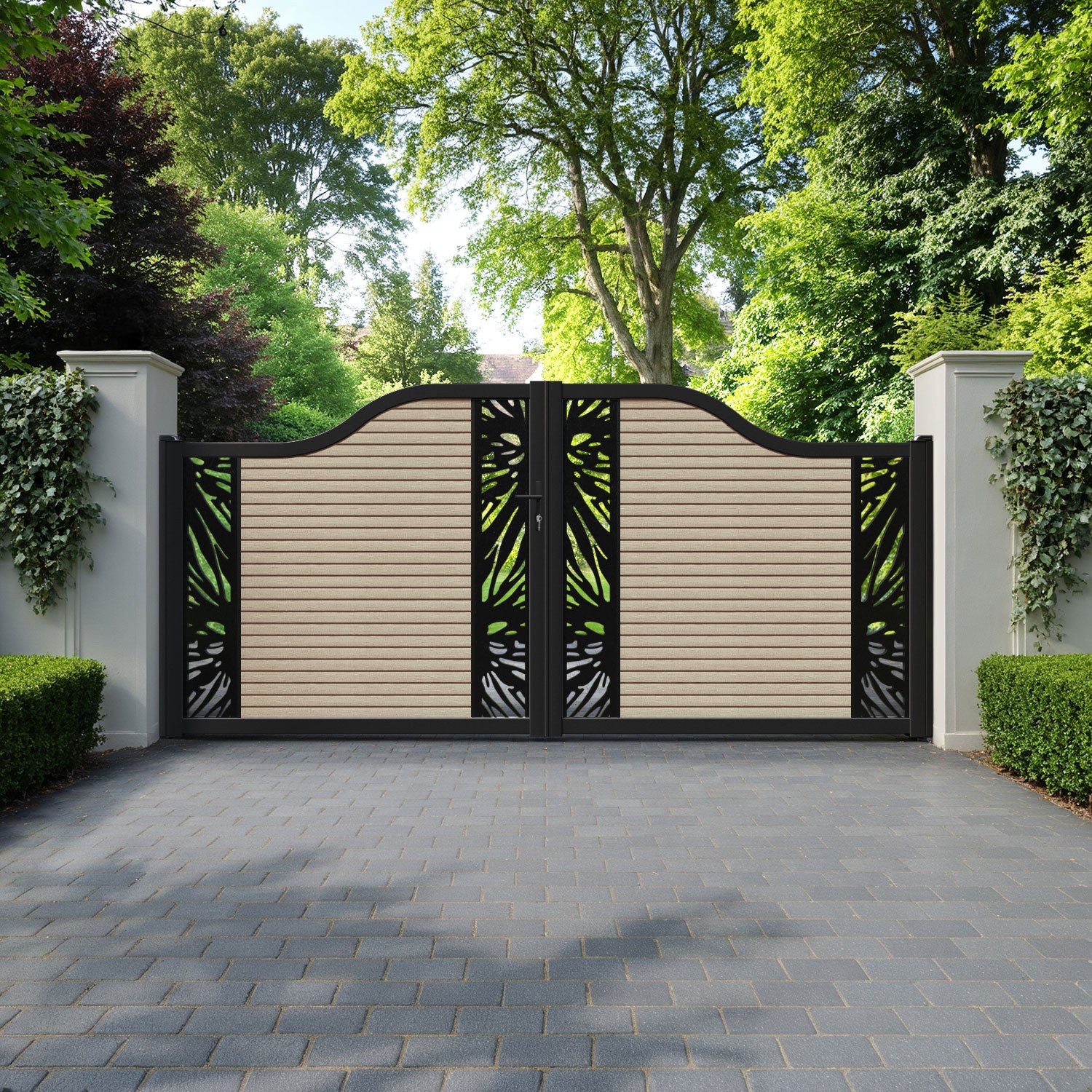 Hudson Poppy Curved Top Driveway Gate - Light Oak - Middle & End Screen