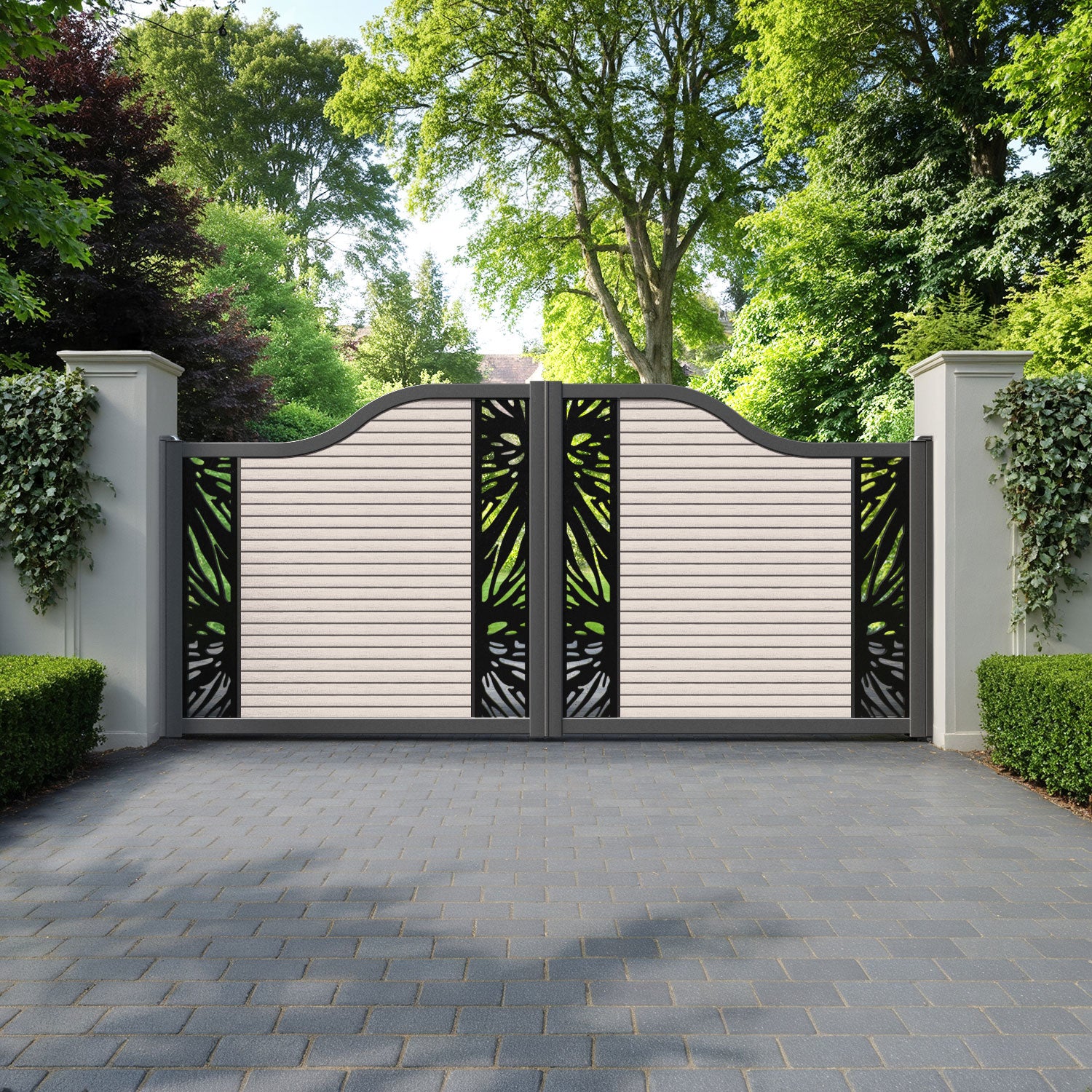 Hudson Poppy Curved Top Driveway Gate - Mid Stone - Middle & End Screen